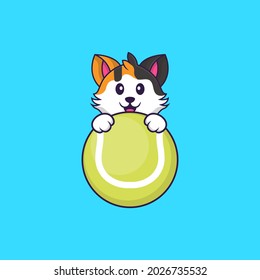 Cute cat playing tennis. Animal cartoon concept isolated. Can used for t-shirt, greeting card, invitation card or mascot.