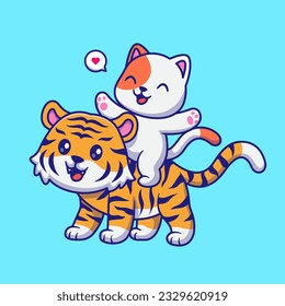 Cute Cat Playing With Tiger Cartoon Vector Icon Illustration. Animal Nature Icon Concept Isolated Premium Vector. Flat Cartoon Style