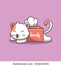 Cute cat playing with tissue cartoon illustration. Flat cartoon style suitable for web landing page, banner, flyer, sticker, card, children books and etc.