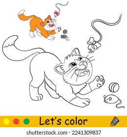 Cute cat playing with a toys. Coloring book page with color template for children. Vector cartoon illustration isolated on white background. For coloring book, education, print, game.