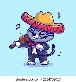 Ilustración De Icono De Vector De Sombrero Con Violin De Gato Con Sombrero. Vector Premium Aislado De Concepto De Icono De Música Animal. Estilo de dibujo plano