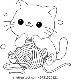 Cute cat is playing with wool ball coloring page. Cute character design. Graphic elements for kids. Cartoon hand drawn style.