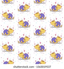Cute Cat Playing Wool. Vector Illustration Seamless pattern background.