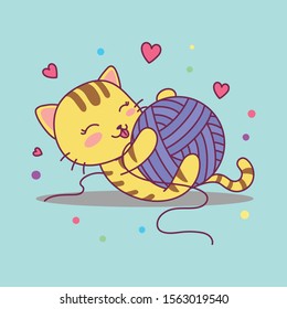 Cute Cat Playing Wool. Vector Illustration. Good for Print design