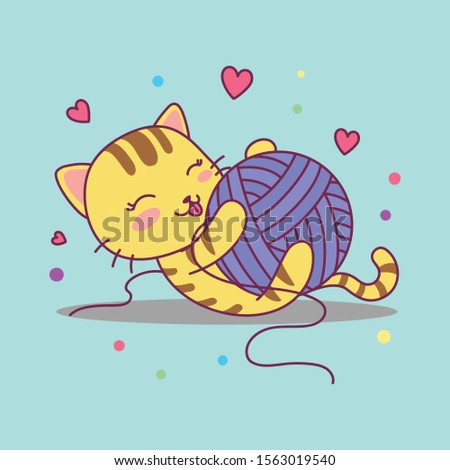 Cute Cat Playing Wool. Vector Illustration. Good for Print design