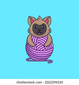 Cute cat playing with wool yarn. Animal cartoon concept isolated. Can used for t-shirt, greeting card, invitation card or mascot.