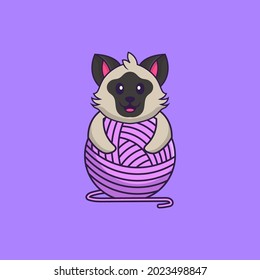 Cute cat playing with wool yarn. Animal cartoon concept isolated. Can used for t-shirt, greeting card, invitation card or mascot.