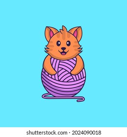 Cute cat playing with wool yarn. Animal cartoon concept isolated. Can used for t-shirt, greeting card, invitation card or mascot.