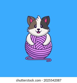 Un gato lindo jugando con hilo de lana. El concepto de caricatura animal aislado. Puede usarse para camisetas, tarjetas de felicitación, tarjetas de invitación o mascota.