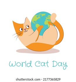 Cute cat is playing with the world vector icon. Isolated animal nature icon concept. flat cartoon style