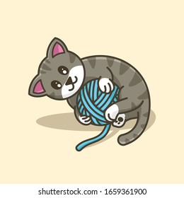 cute cat playing with yarn ball icon illustration, layered vector file, background is easy to change or remove, check other cat illustration on my profile page at collection tab