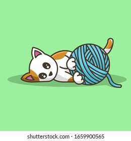 gato lindo jugando con ilustración de icono de bola de hilo, archivo vectorial en capas, fondo es fácil de cambiar o quitar, comprobar otra ilustración de gato en mi página de perfil en la ficha de colección