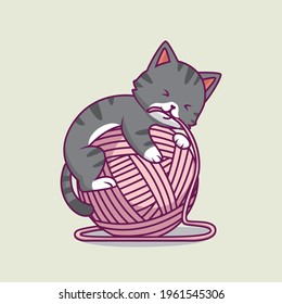 cute cat playing yarn ball cartoon illustration The Concept of Isolated Technology. Flat Cartoon Style Suitable for Landing Web Pages, Banners, Flyers, Stickers, Cards