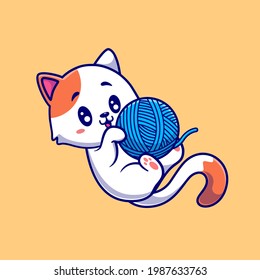 Cute Cat Playing Yarn Ball Cartoon Vector Icon Illustration. Animal Nature Icon Concept Isolated Premium Vector. Flat Cartoon Style