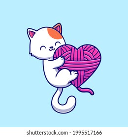 Cute Cat Playing Yarn Ball Cartoon Vector Icon Illustration. Animal Nature Icon Concept Isolated Premium Vector. Flat Cartoon Style