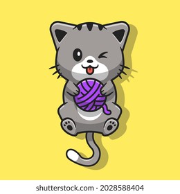 Cute Cat Playing Yarn Ball Cartoon Vector Icon Illustration. Animal Nature Icon Concept Isolated Premium Vector. Flat Cartoon Style 