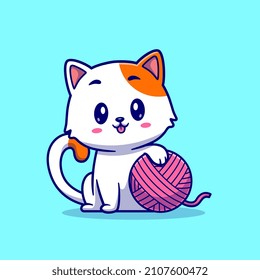 Cute Cat Playing Yarn Ball Cartoon Vector Icon Illustration. Animal Nature Icon Concept Isolated Premium Vector. Flat Cartoon Style
