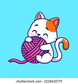 Cute Cat Playing Yarn Ball Cartoon Vector Icon Illustration. Animal Nature Icon Concept Isolated Premium Vector. Flat Cartoon Style