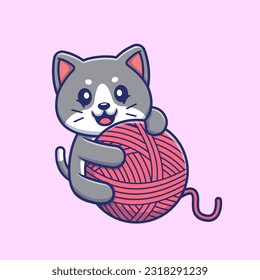 Cute Cat Playing Yarn Ball Cartoon Vector Icon Illustration. Animal Nature Icon Concept Isolated Premium Vector. Flat Cartoon Style