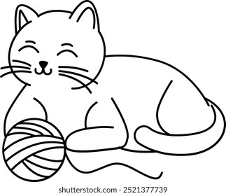 Cute Cat Playing Yarn Ball Outline