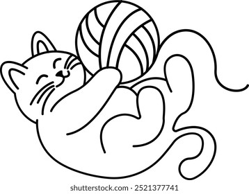 Cute Cat Playing Yarn Ball Outline