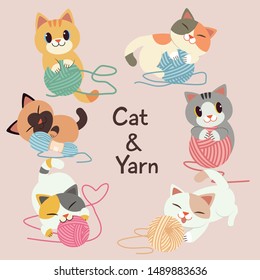 The cute cat playing with the yarn in many action in flat vector style. Graphic resource about cat and yarn for,content , banner, sticker label and greeting card.