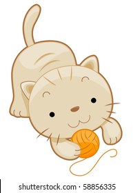 Cute Cat playing with Yarn - Vector