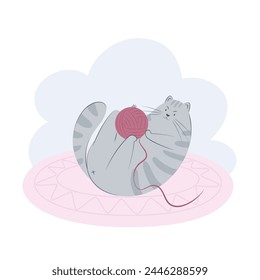 Cute cat plays with a ball of yarn.Cat behavior, body language and face expressions.  Flat vector illustration of a pet