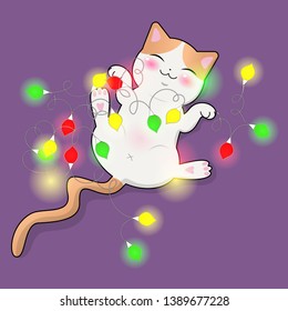 Cute cat plays with a multi-colored garland. Sticker, postcard, t-shirt print and more. Vector image