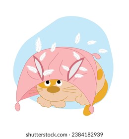 Cute cat plays with a pillow and feathers. Damage to home interior by animals. Flat illustration.