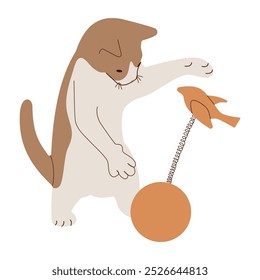 A cute cat plays with a toy bird on a ball and a spring. Flat style. Vector illustration.