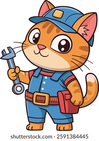Cute Cat Plumber Cartoon Character Illustrations Isolated on a White Background