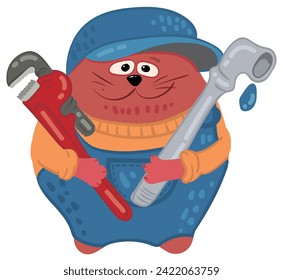 Cute cat plumber holds a pipe and a pipe wrench in his hands. Cartoon character. Vector image.
