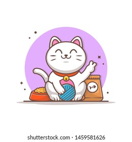 Cute Cat with Plying Wool Ball and Cat Food Vector Illustration. Cat Pet Icon Logo. Petshop Logo. Flat Cartoon Style Suitable for Web Landing Page,  Banner, Flyer, Sticker, Wallpaper, Card, Background