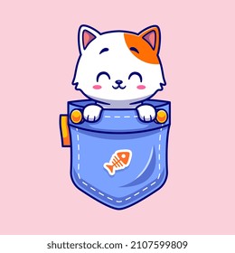 Cute Cat In Pocket Cartoon Vector Icon Illustration. Animal Nature Icon Concept Isolated Premium Vector. Flat Cartoon Style