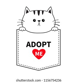 Cute cat in the pocket. Holding hands paws. Adopt me. Red heart. Cartoon animals. Kitten kitty character. T-shirt design. Baby background. Flat design Vector