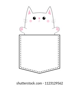 Cute cat in the pocket. Holding paw hands up. Doodle contour linear sketch. Cartoon Pet animal Kitten kitty character. Dash line White black color. T-shirt design. Baby background. Flat Vector