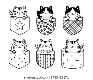 Cute Cat Pocket Illustration Set, Kawaii Black and White Cat Doodle Design