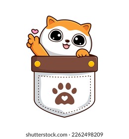 Cute Cat in Pocket Kawaii - Orange White Pussy Cat Hiding in Pouch with Love Hand