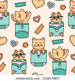 Cute cat in pocket kids seamless pattern, baby animal illustration background