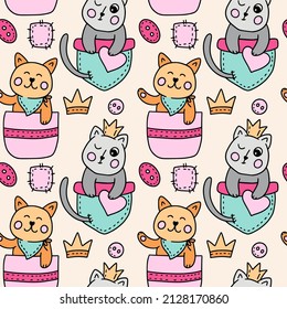 Cute cat in pocket kids seamless pattern, baby animal illustration background