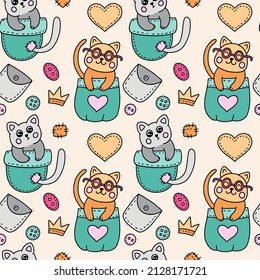 Cute cat in pocket kids seamless pattern, baby animal illustration background