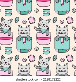Cute cat in pocket kids seamless pattern, baby animal illustration background