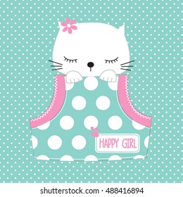 cute cat in the pocket on polka dots background, T-shirt graphics for girls vector illustration svg