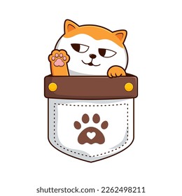 Cute Cat in Pocket - Orange White Pussy Cat Hiding in Pouch with Love Hand Vector