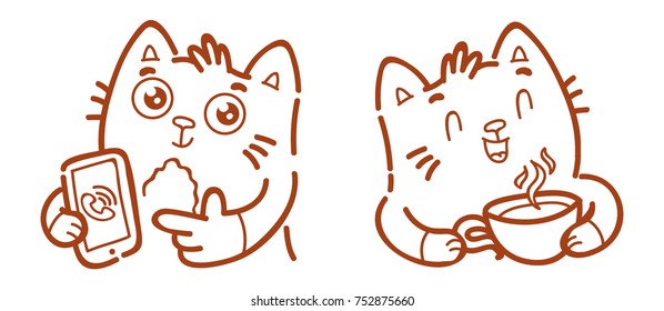 Cute Cat: pointing finger on the phone, asking or saying to call back, having coffee. Character in outline hand drawn style, doodle cartoon illustration. As mascot, sticker, emoji, emoticon
