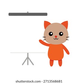 Gato lindo que señala en un tablero de presentación, ideas de enseñanza, ambiente de oficina atractivo, trabajo en equipo profesional, Ilustración vectorial, diseño moderno de la oficina, estilo felino juguetón