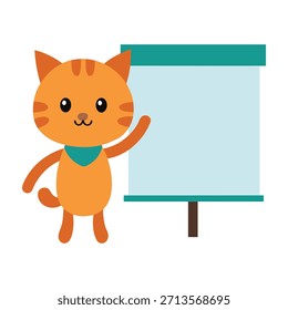 Gato lindo que señala en un tablero de presentación, ideas de enseñanza, ambiente de oficina atractivo, trabajo en equipo profesional, Ilustración vectorial, diseño moderno de la oficina, estilo felino juguetón