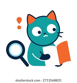 Gato bonito apontando para uma placa de apresentação no escritório limpo, explicando ideias claramente enquanto adiciona o charme divertido às ilustrações profissionais do escritório do vetor.