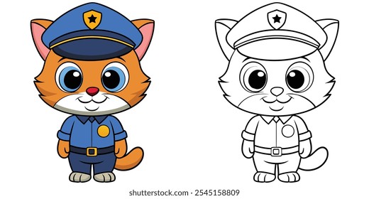 Cute Cat Police Coloring Book For Kids Vector Illustration. Animal Cartoon Character. Cat Coloring Page